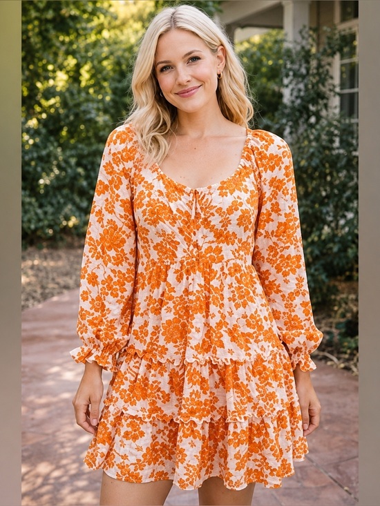 Crystal Doll Dresses & Skirts - Crystal Doll Orange White Floral Smocked Tiered Ruffle Mini Dress XS